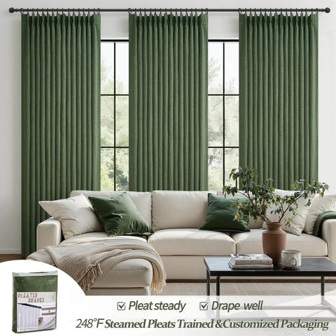 Dual Layer Linen Blackout Curtains 96 Inch Long 2 Panels For Living Room Olive Green Insulated Farmhouse Style Drapes with sofa