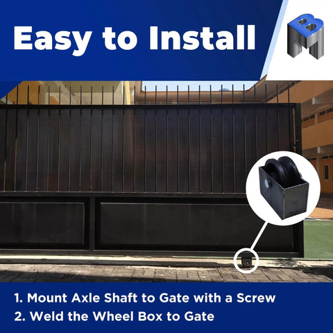 4 Inch Cast Iron V Groove Wheel With Roller Bearing For Residential Gates installation instructions displayed on a gate