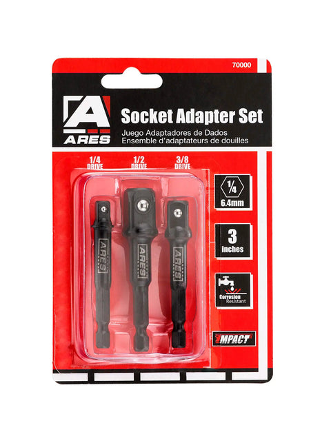 Turn Your Drill Into A High Speed Socket Driver With This Dope Three Piece Impact Grade Socket Adapter Set From ARES Featuring One Quarter Inch, Three Eighth Inch, And One Half Inch Drives And A Three Inch Reach in packaging