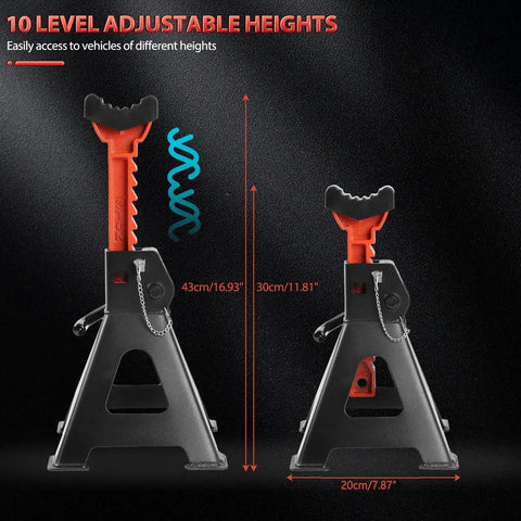 Two 3 Ton Heavy Duty Car Jack Stands With Double Locking Adjustable 11.22-16.54 in, showing side view with height measurements.