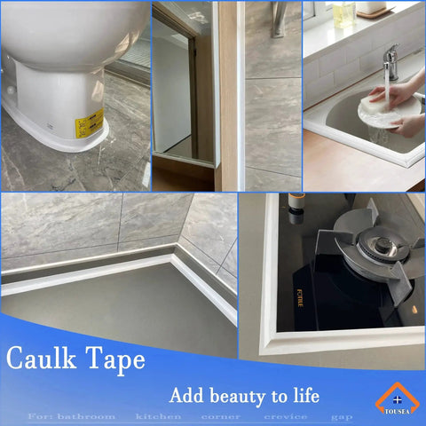 Multiple views of waterproof self adhesive sealant tape for bathrooms and kitchen white sealing edges and seams.