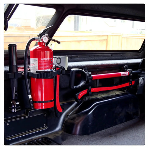 Rubber Clamp Mount For 2.5 To 7.5 Inch Diameter Tools Holds 49 Lbs installed in vehicle holding red extinguisher
