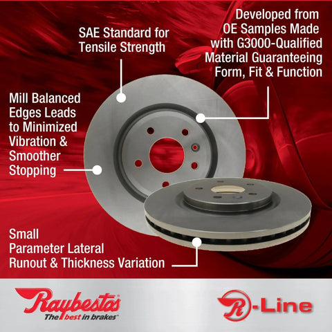 Raybestos R-Line front disc brake rotor; vented with hub mounting holes, front and side views