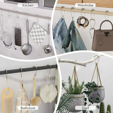 Rustproof Stainless Steel Shower Curtain Hooks Set Of 12 For Bathroom Rods With Polished Nickel Finish used in kitchen, wardrobe, bathroom, and shelf.