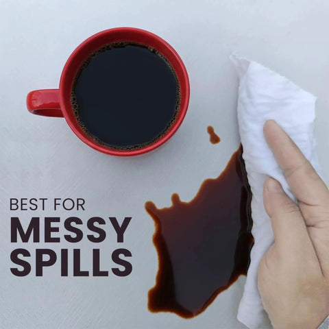 Cleaning coffee spill with Premium Exact Cut White T Shirt Cleaning Rags Ten Pack 20x20 Inches Super Absorbent Cotton Rags For Mechanic Shops