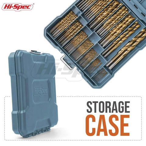 Versatile 99 Piece Drill Bit Set For Metal Wood Plastic With Storage Case And SAE High Speed Steel Bits 1 Sixteenth To 3 Eighth Inch For Diyers Drills Drywall And More For A Complete Home Workshop in a blue case showing organized drill bits.