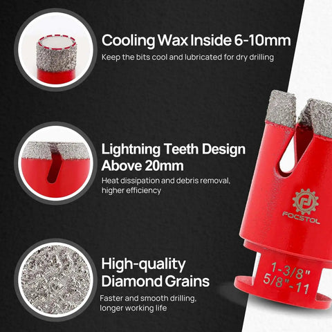 Pro Grade Diamond Tile Hole Saw Kit 13pc features cooling wax, lightning teeth, and high-quality diamond grains for precise drilling.