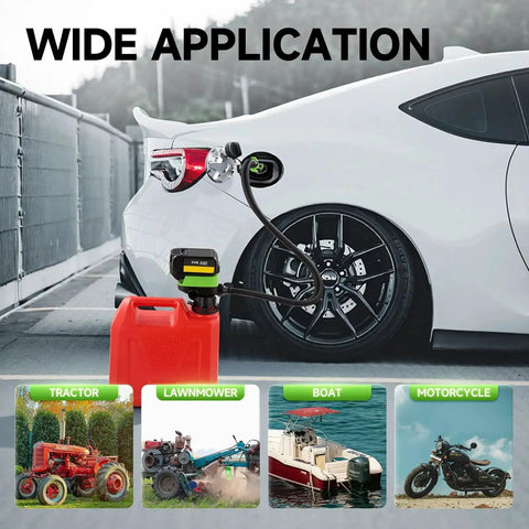 Fuel Transfer Pump With Auto Stop Sensor 3.2 GPM in use with car, featuring 41 inch hose and three tank adapters