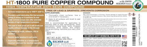 Label of Liquid O Ring Copper Anti Seize Lubricant For High Temperature Gaskets And Threaded Parts Up To 1800 Fahrenheit Lead Free Zinc Free Graphite Free Non Corrosive Made In USA 8 Oz Brush Top Can By Balmar