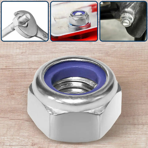 Close-up of nylon insert lock nut from 140Pcs Metric Lock Nuts M3 M4 M5 M6 M8 M10 M12 Anti Loosening In 304 Stainless Steel kit