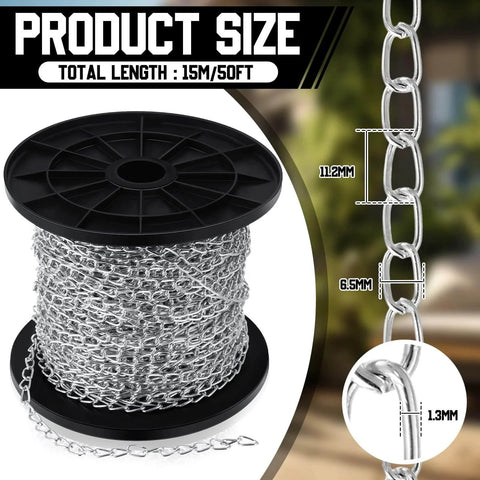 50 Ft Galvanized Steel Hanging Jack Chain 1.3mm roll with close-up showing link dimensions for light fixtures and decor.