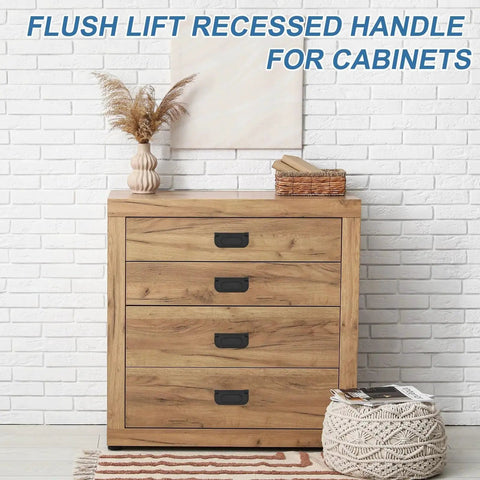 Wooden cabinet with recessed flush pull door handle set 2 pack invisible pull handles with screws for cabinets in bright black iron finish.