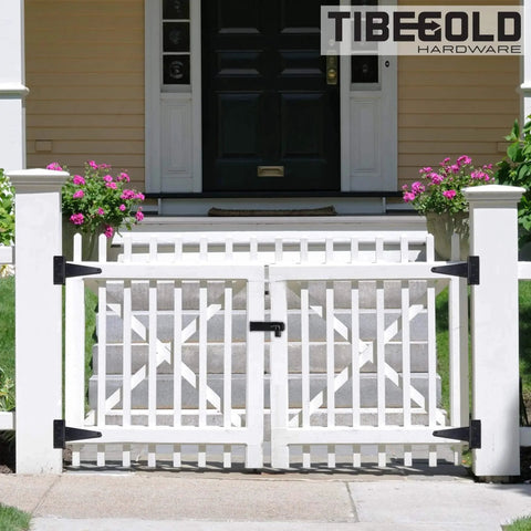 White wooden gate using 12Inch T Strap Gate Hinges Heavy Duty Black Tee Hinges For Wooden Fences Yard Gates Rustproof Iron Hardware 2 Pack.