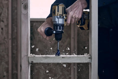 Fast Wood Drill Bit Set For Quarter Inch Quick Change Chucks With Tri Flute Design in action drilling through wood