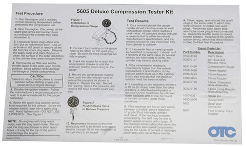 Instruction manual for Gasoline Engine Compression Tester Kit With Deep Well And Ford Triton Adapter, showing test procedures.