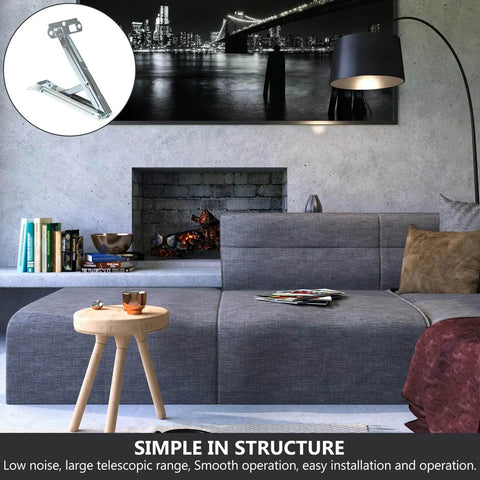 Adjustable Folding Lift Up Hinge For Massage Tables And Sofa Beds With Heavy Duty Drop Down Lid Support Bracket showcased in a living room.