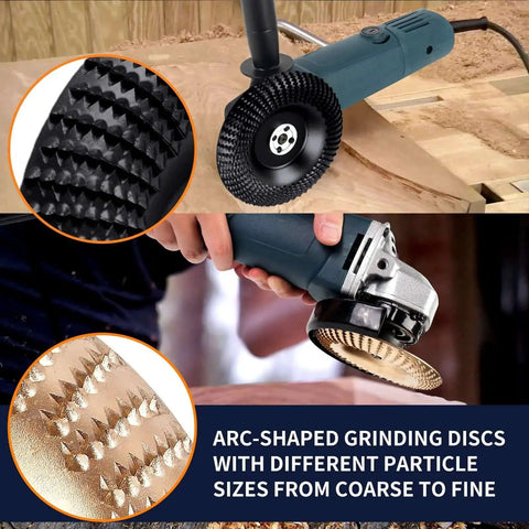 All In One Wood Carving Disc Set For Angle Grinders By Pomsare, five-piece carbon steel shaping discs on angle grinder in use