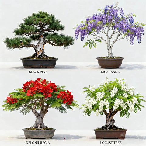 Beginner Bonsai Tree Starter Kit For Indoor Gardening featuring Black Pine, Jacaranda, Delonix Regia, and Locust Tree bonsai.