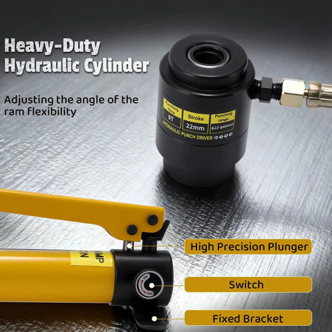 Heavy-duty hydraulic cylinder with high precision plunger and switch for Hydraulic Knockout Punch Kit For Half Inch To Two Inch Conduit Holes.