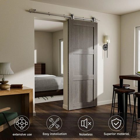 Heavy Duty 5ft Stainless Steel Sliding Barn Door Track Kit With Quiet Glide Rollers For A Single Door Supports Up To 220 Lbs Fits Doors Up To 30 Inches Wide Anti Rust Long Lasting Hardware installed in living room