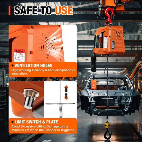 3 In 1 Electric Hoist Winch 2200 Lbs Capacity with manual, wired remote and wireless remote control in a factory setting
