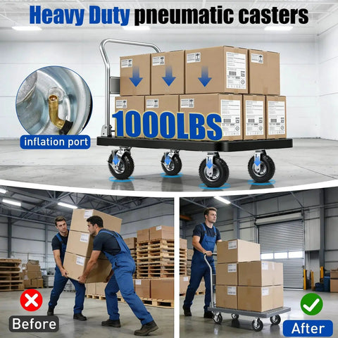 8-inch pneumatic caster wheels, set of 4 with rubber tires and brakes, 1000 lb capacity for carts and workbenches.