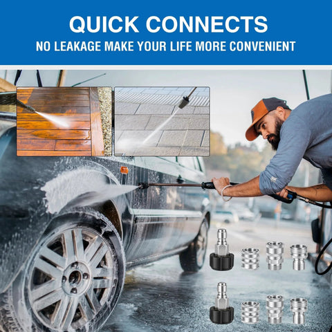 Premium Pressure Washer Quick Connect Kit With M22 Swivel To Three Eighths Inch Quick Connect And Three Quarters Inch Quick Release Adapters Stainless Steel Power Washer Fittings Set in use on car and driveway.