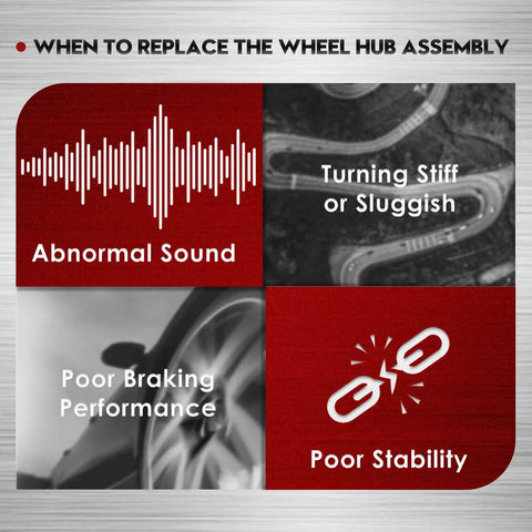 Indicators for replacing front wheel hub & bearing assembly: abnormal sound, turning stiff, poor braking, stability issues.