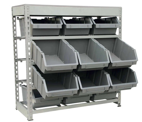 Boltless Steel Storage Rack With 12 Plastic Bins In Four Tiers Or 9 Bins In Three Tiers, 33 Inch Wide By 15 Inch Deep By 36 Inch High