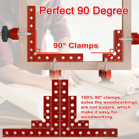 Eight Piece Corner Clamps With Box For Woodworking Aluminum Alloy 90 Degree Right Angle Clamp Set in use on wooden frame