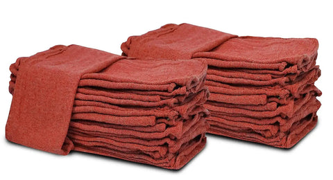 Red Linen Cotton Shop Towels Pack Of 150, 14 By 14 Inches Absorbent Cleaning Rags for Auto Shops, folded stack