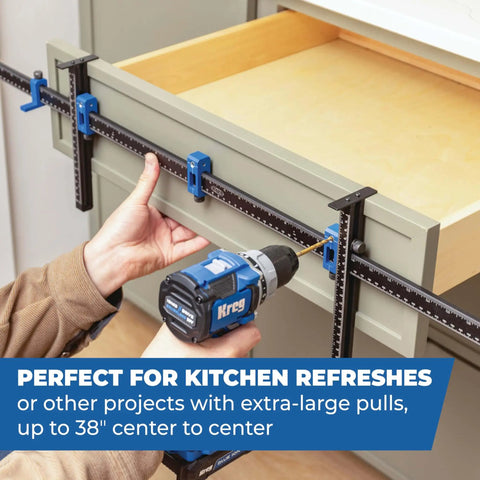 Person using Cabinet Hardware Jig Pro XL Flexible Full Length To Compact Setup For Wide Pulls Or Knob Mounts on kitchen drawer