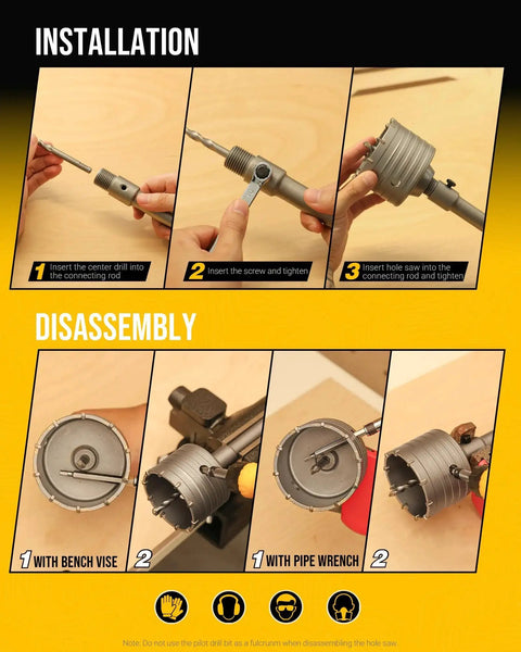 Installation and disassembly guide for 13 Piece Concrete Hole Saw Kit With Tungsten Carbide Bits 30mm To 110mm Masonry Hole Saws.