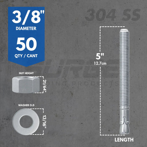 Image of Heavy Duty 3/8 Inch By 5 Inch 304 Stainless Steel Wedge Anchors for Concrete and Cement, Box of 50, with dimensions.