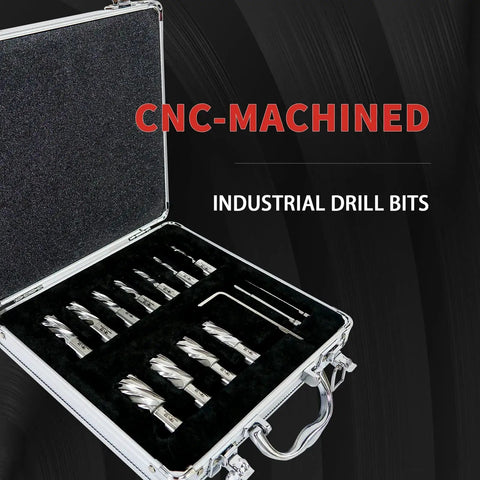 Annular Cutter Set 13 Pc for Magnetic Drill Press by S F Stead Fast, displayed in open case, showing HSS M2AL core bits and accessories.