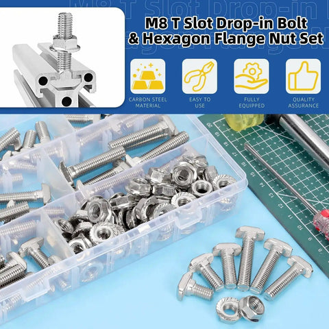 120 Pcs M8 T Slot Drop In Bolts With Hex Flange Nuts Hammer Head T Bolts kit in storage box for aluminum extrusion projects