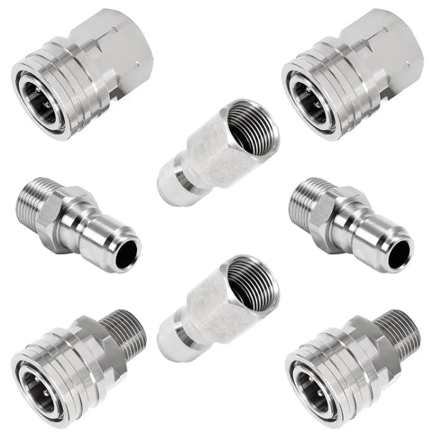Heavy Duty Stainless Steel Quick Connect Pressure Washer Fittings Kit For Three Eighth Inch Hoses Easy Install 8 Piece Pro Grade Adapter Set With Male And Female NPT Threads Ridge Washer displayed on white background.