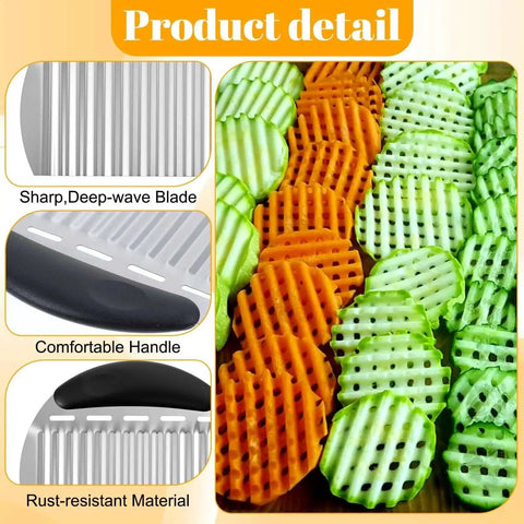 Product detail of Versatile Crinkle Cutter For Veggies And French Fries, showing stainless steel wavy blade and ergonomic handle.