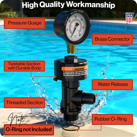 Air relief valve for Pentair pool filters with brass connector, pressure gauge, black body, water release outlet