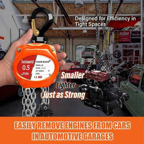 Half Ton Portable Hand Chain Hoist 1100 Lbs Lift Up To 10 Feet Durable Steel lifting an engine in a garage setting
