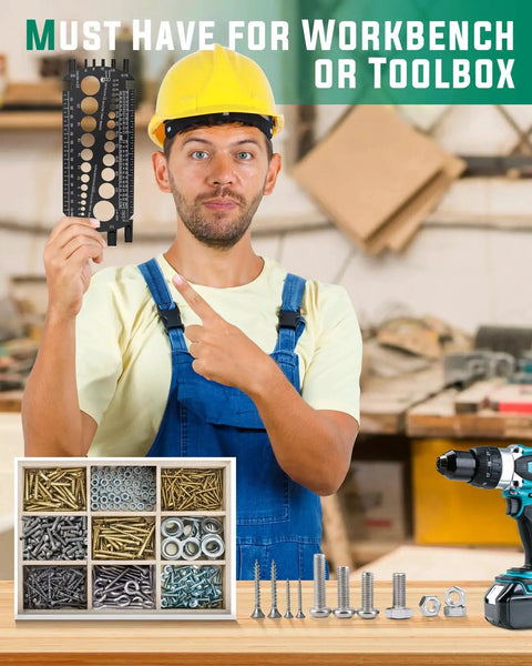 Man holding a Bolt Gauge For Metric And SAE Quick Sizing Of Nuts And Bolts Plastic Bolt Measuring Tool in workshop.