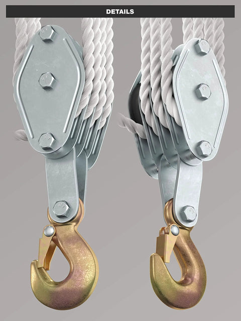 Heavy Duty Block And Tackle Pulley System For Lifting Heavy Objects With 4000 Lb Breaking Strength And 65 Feet Of Three Eighths Inch Rope