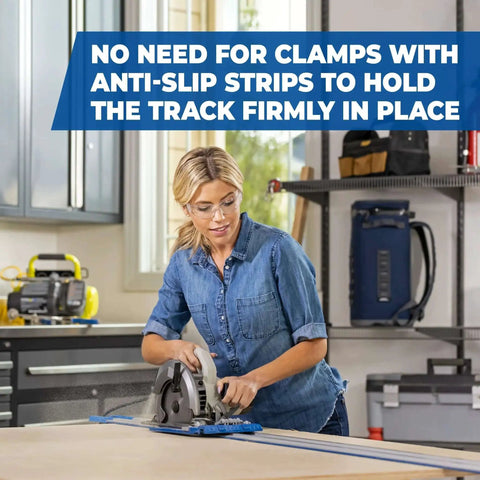 Woman using Accu Cut Circular Saw Track System By Kreg Lets You Make Straight, Cross, Rip And Angled Cuts Easily With Edge Guided Precision, Portable Sled, Universal Compatibility For Right Or Left Handed Saws on workbench