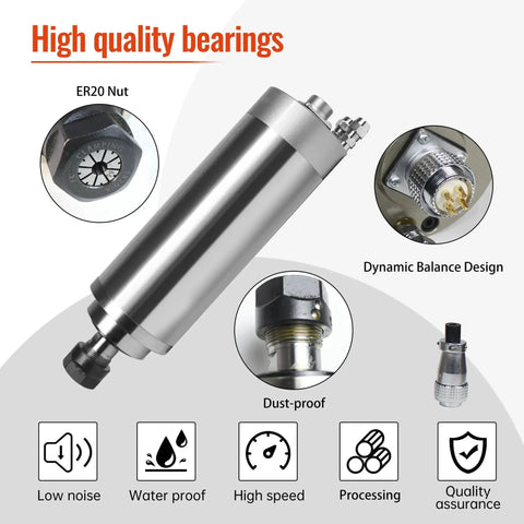 Workhorse 2.2KW Water Cooled CNC Spindle Kit with 110V VFD, featuring ER20 collet and high quality bearings for CNC router milling machines.