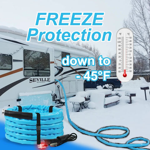 Amazon heated RV water hose, 30 ft, 5/8 in ID, blue coil with storage bag and plug
