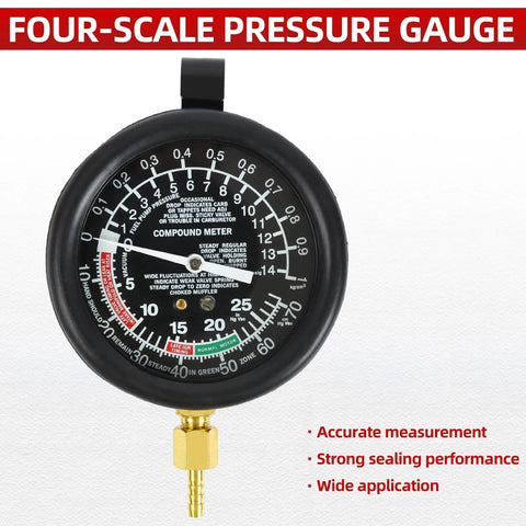 Fuel Pump Pressure And Vacuum Tester Gauge Kit For Carburetor And Intake Manifold Diagnostics with four-scale pressure gauge.