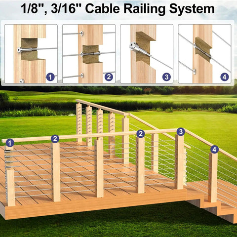 Thirty Degree Angled Beveled Cable Railing Washers With Five Sixteenth Inch Inside Diameter Stainless Steel Pack Of Twenty For One Eighth And Three Sixteenth Inch Invisible Cable Railing Hardware And Stair Railing Posts installed on a wooden balcony.