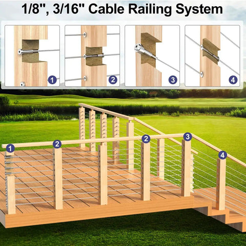 Wooden deck with 1/8" and 3/16" cable railing system using 20 Pack Three Eighths Inch ID Angle Washers For Cable Railing Stair Ends.