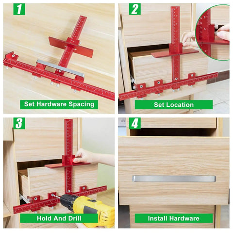 Built Tough Aluminum Cabinet Handle Jig For Precise Drawer Pull Installations With 50 Percent Thicker Frame And Dual Screw Lock Drill Guide Template Tool shown in step-by-step installation process