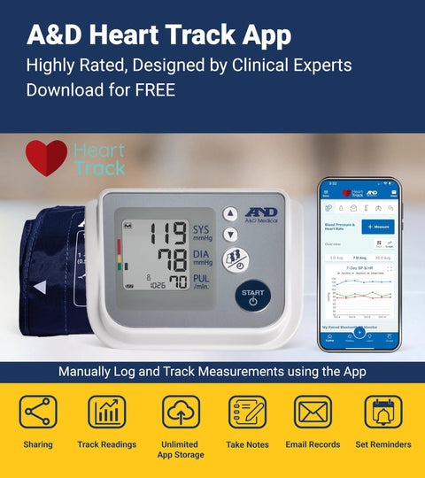 A&D Medical UA-767FAC home upper-arm blood pressure monitor with wide cuff (22–42 cm) shown with a smartphone screen.